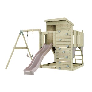 PolarPlay Spielturm Alma mit Schaukel und Rutsche. Holzspielturm in Altrosa mit Kletterwand.
