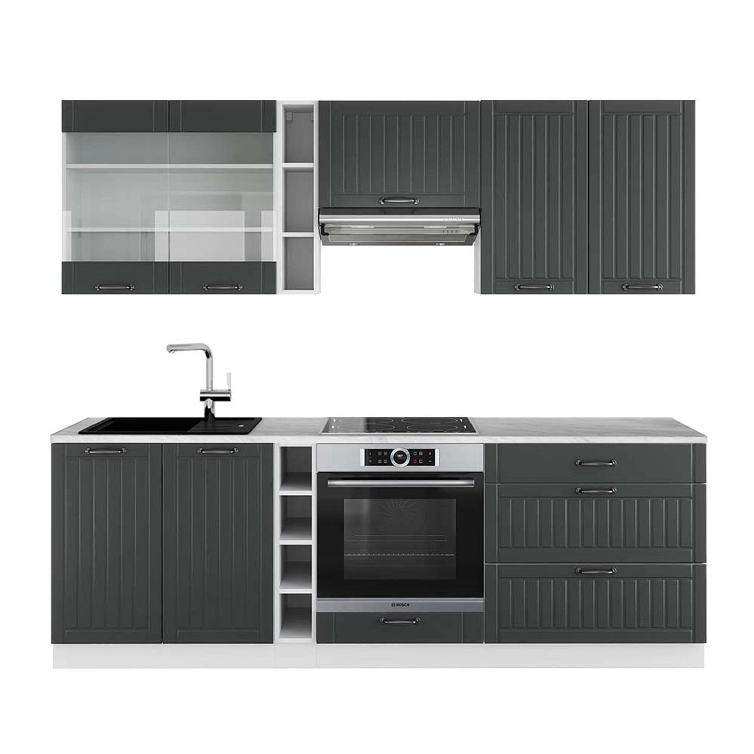 Vicco Fame-Line Küchenzeile Anthrazit Landhaus/Weiß 235 cm AP Marmor günstig online kaufen