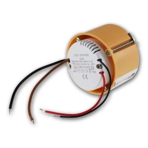 Runder 12W LED Transformator, 12V DC, 1A, mit weißem Gehäuse und orangefarbener Ummantelung für Lampen & Leuchten.