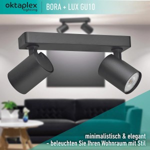 Schwarze Oktaplex Bora Spotbalken Deckenleuchte mit zwei schwenkbaren GU10 LED Spots.