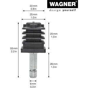 Wagner Stift mit Vierkanthülse, 2er-Set für Rollen und Räder. Stahl verzinkt, Kunststoffhülse, 55mm lang.