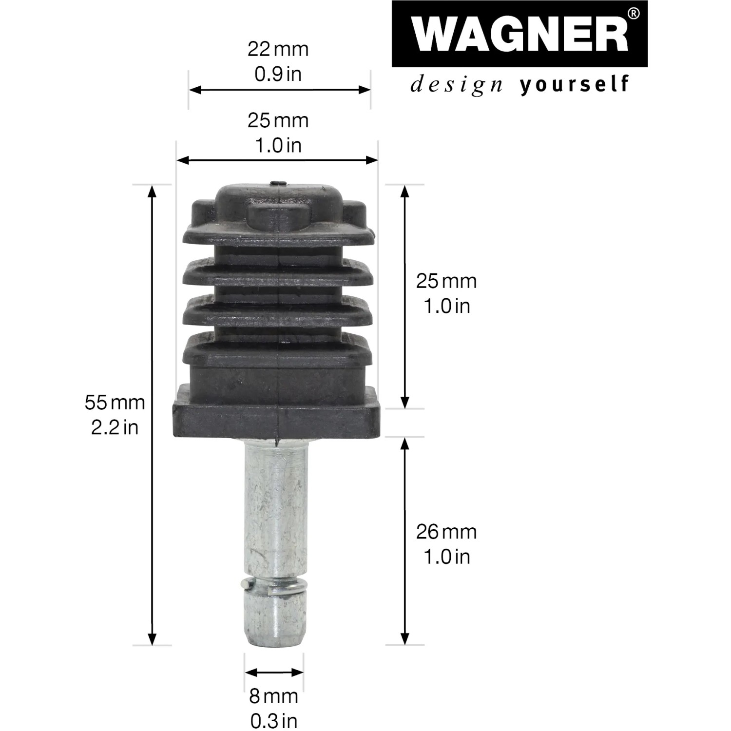 Wagner Stift mit Vierkanthülse, 2er-Set für Rollen und Räder. Stahl verzinkt, Kunststoffhülse, 55mm lang.