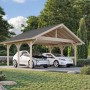 Palmako Doppelcarport Robert, braun, aus Holz mit zwei geparkten Autos.