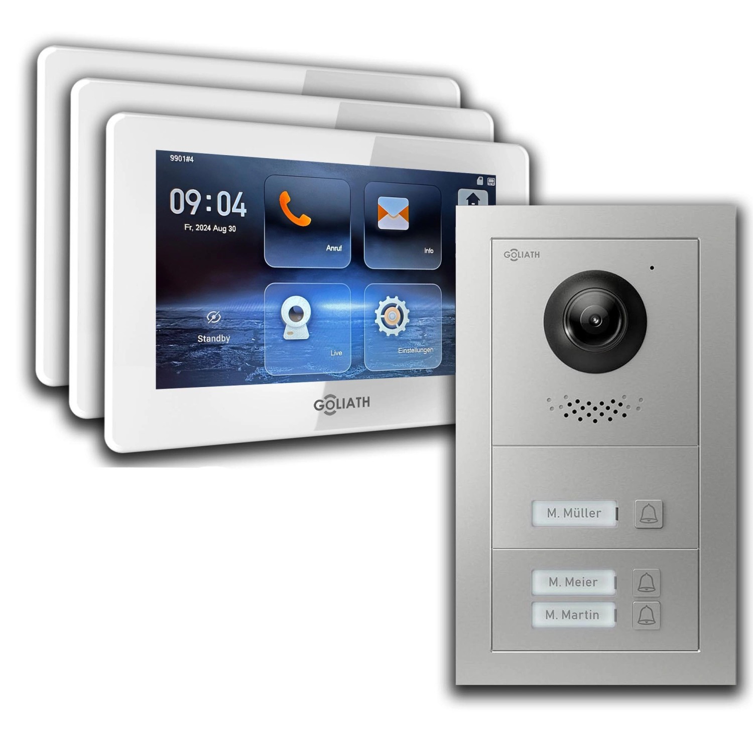 Goliath IP Video Türsprechanlage 3 Familienhaus 7 Zoll Weiß App Silber Unterputz