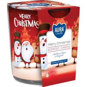 Duftkerze Merry Christmas im Glas, Ø 7,2 cm, mit weihnachtlichem Motiv und festlichem Duft.