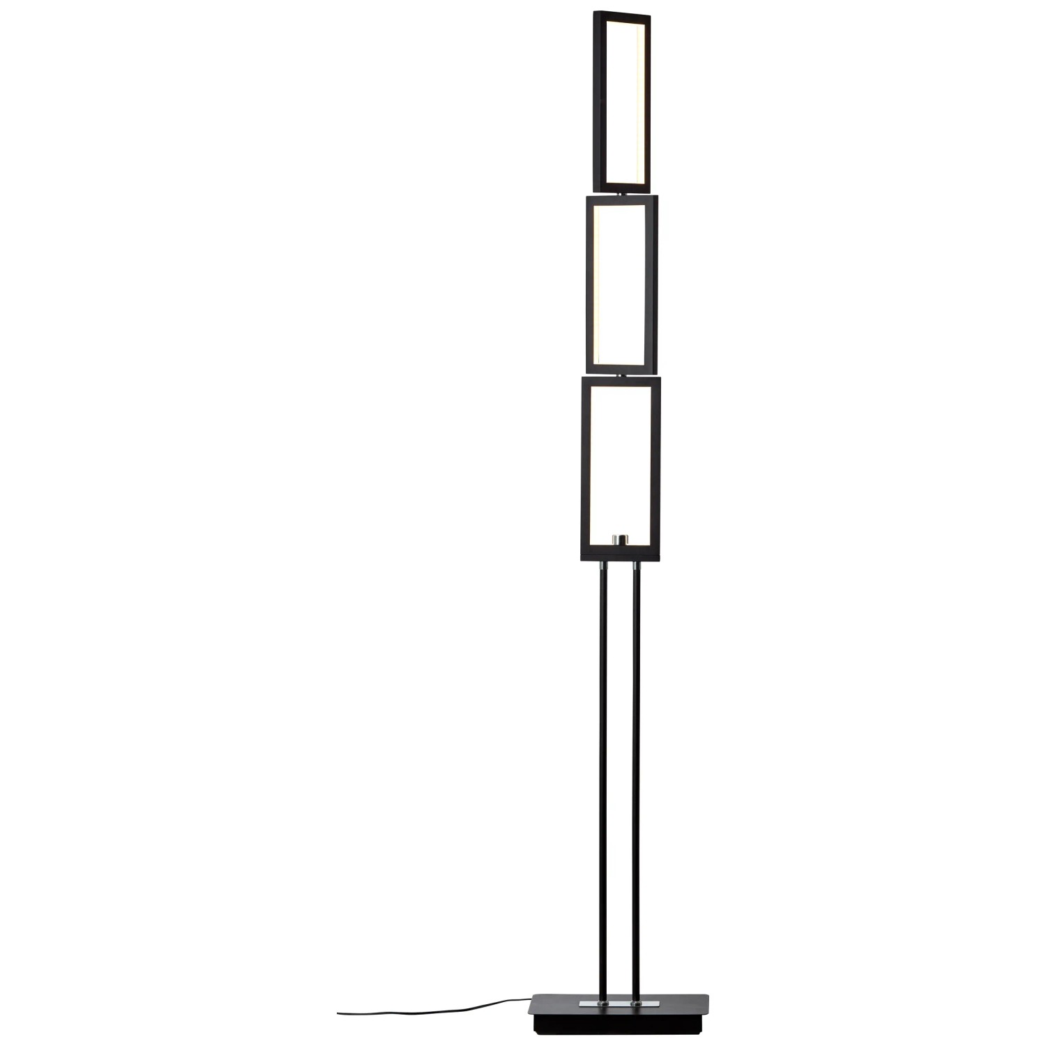 Schwarze LED Stehleuchte Ranut, 150cm hoch, mit drei schwenkbaren, rechteckigen Elementen.