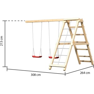 Karibu Doppelschaukel mit Klettergerüst aus naturbelassener Fichte, zwei rote Schaukelsitze.