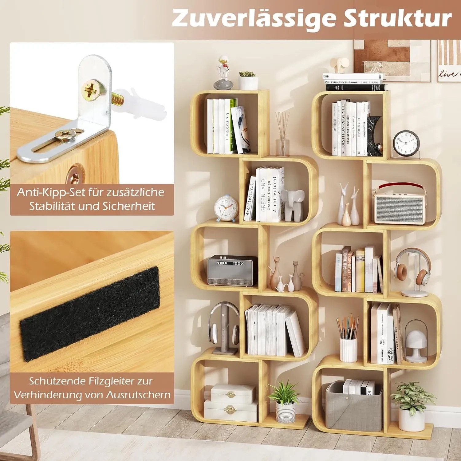 Costway Bücherregal S-förmig Aus Bambus Würfelregal mit 5 Etagen_6