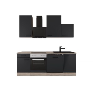 Flex-Well Küche Capri, 220 cm, Schwarz Matt/Eiche, mit E-Geräten und Spüle.