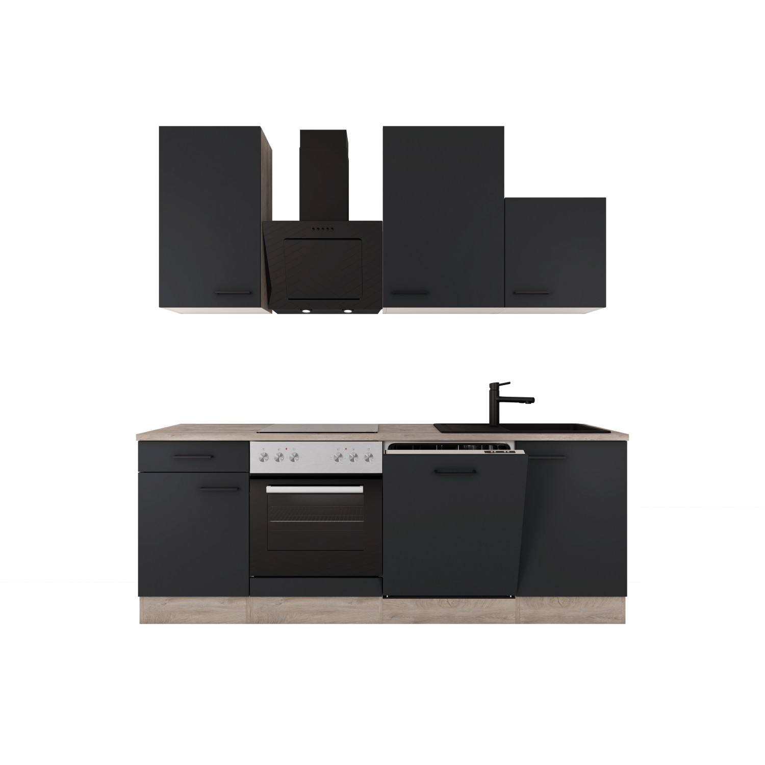 Flex-Well Exclusiv Küche 1701-017sWs Capri 220 cm Schwarz Matt-Endgrain Oak günstig online kaufen