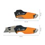 Fiskars Universal-Klappmesser CarbonMax, geöffnet und geschlossen mit Maßangaben.