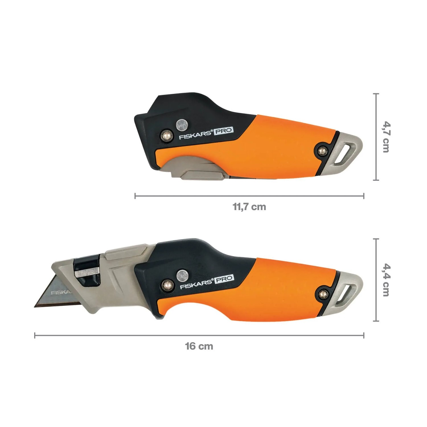 Fiskars Universal-Klappmesser CarbonMax, geöffnet und geschlossen mit Maßangaben.