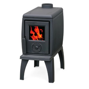Gusskaminofen Trenk mit Herdplatte, 8,9 kW, schwarzer Kaminofen mit Feuer.