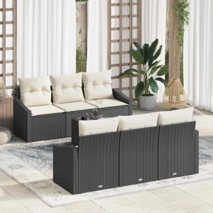 vidaXL Lounge-Gartenmöbel Set, 7-teilig, schwarz/creme Poly-Rattan mit Kissen.