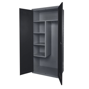 Offener Küpper Putzschrank/Werkzeugschrank, 2-türig, schwarz-hellgrau, mit Ablagefächern.