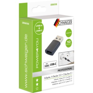 Schwaiger USB-Adapter LKKA0100: kompakter, schwarzer USB-A auf USB-C Adapter auf Produktverpackung.