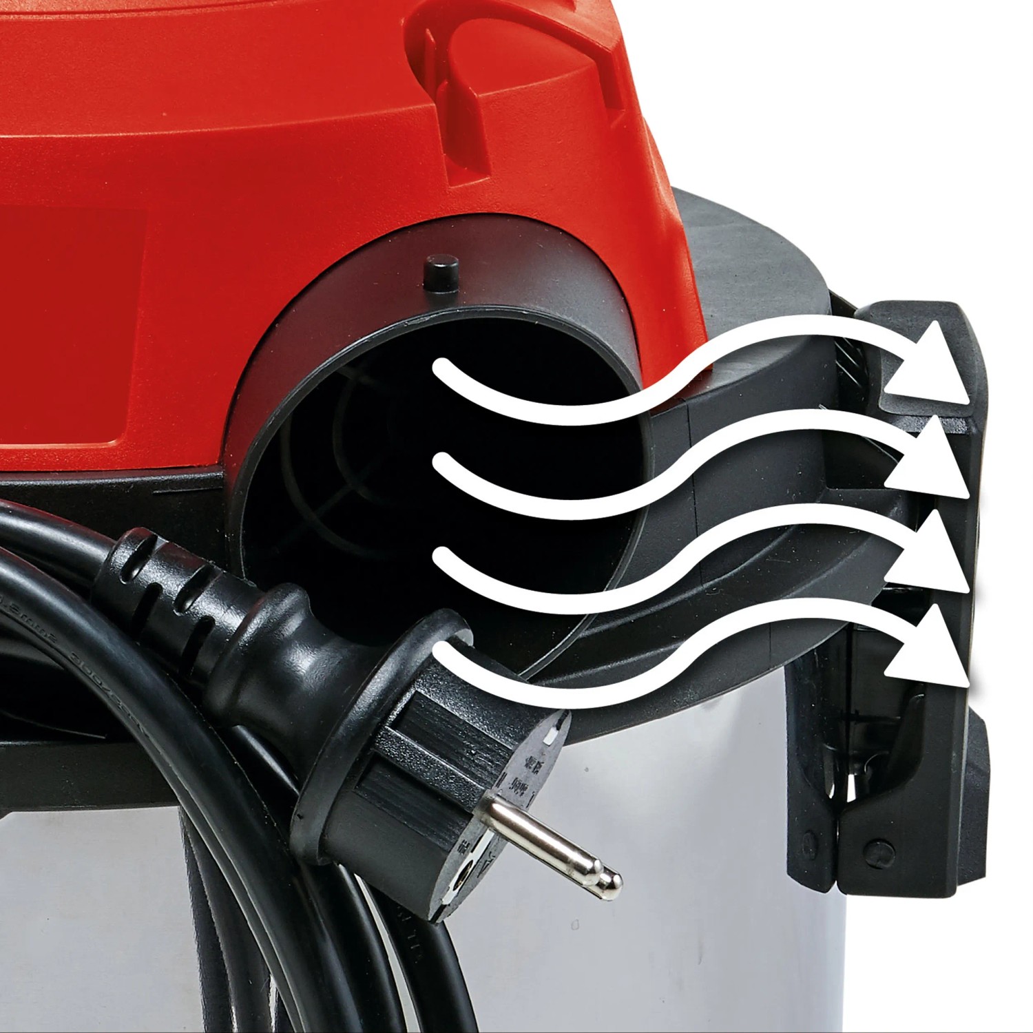 Detailaufnahme Einhell TC-VC 1820 S Nass-Trockensauger: Blasfunktion und Kabelaufwicklung.
