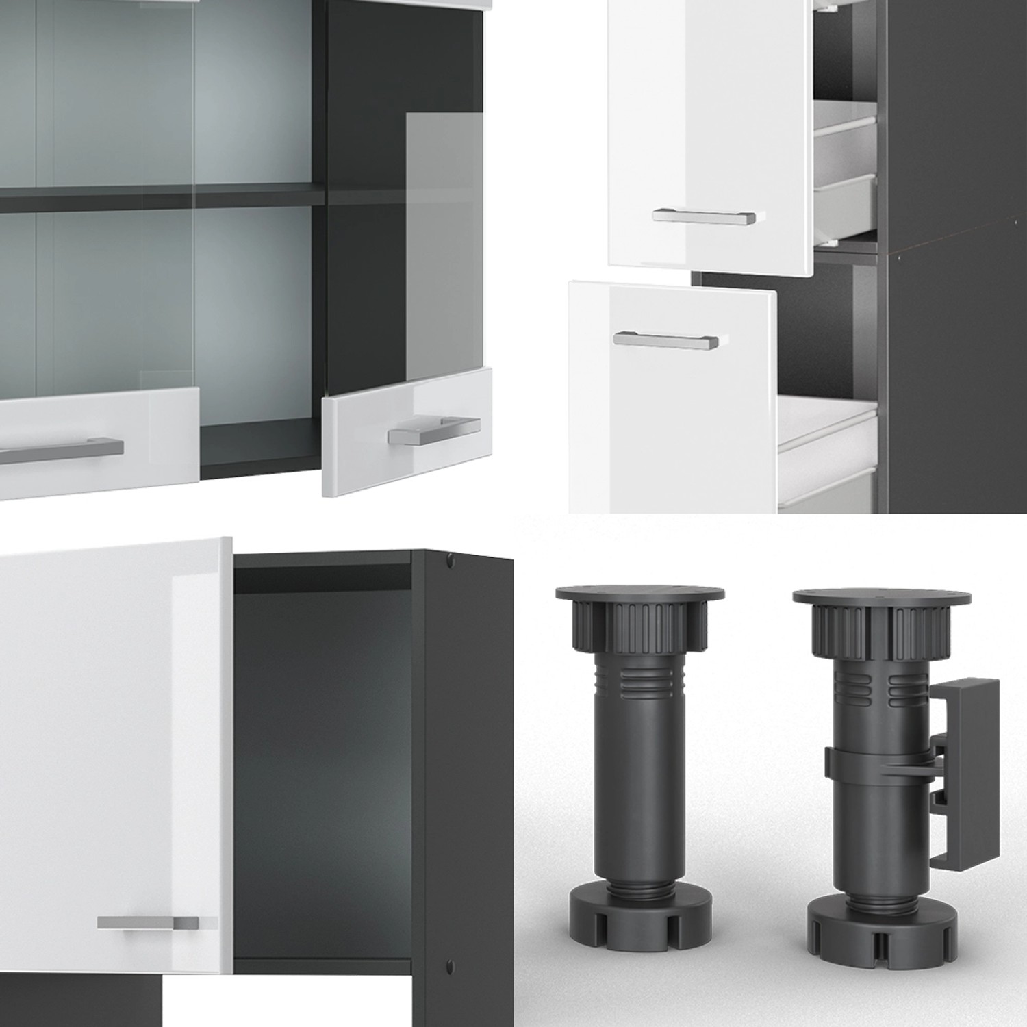 Vicco R-Line Küche, 350 cm, weiß hochglanz/anthrazit, Details von Schränken und Füßen.