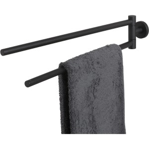 Tiger Handtuchhalter Boston, 2-armig, Edelstahl schwarz mit grauem Handtuch.