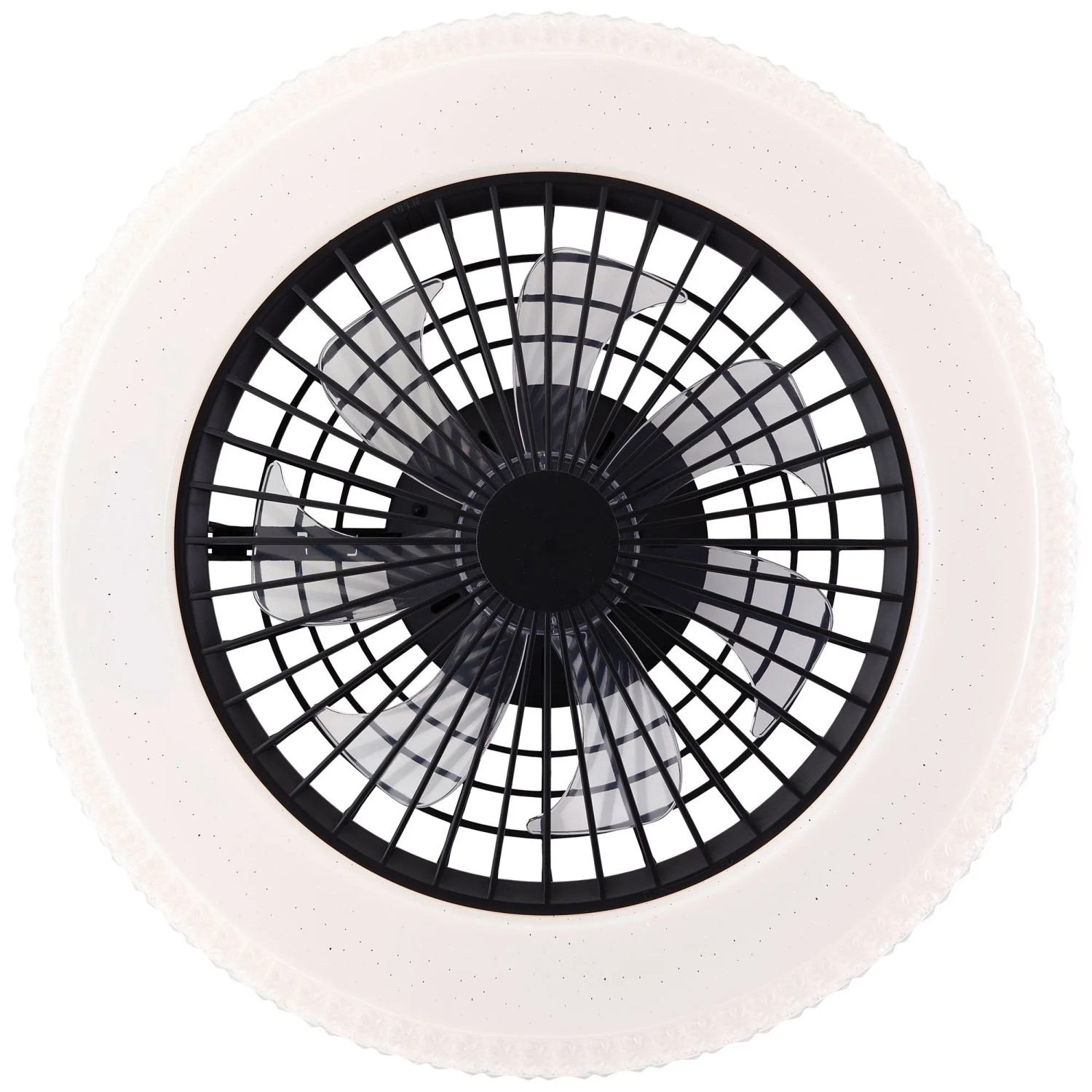 Schwarze LED-Deckenleuchte Badria mit Ventilator, Ø 49 cm. Deckenlampe mit Lichtkranz.