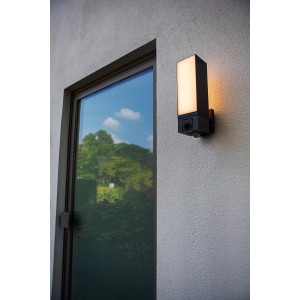 Anthrazitfarbene Lutec LED-Kameraleuchte Cuba an einer Wand neben einer Tür.