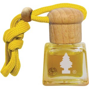 Wunderbaum Tropical Auto-Duftflakon mit gelber Kordel und Holzverschluss.