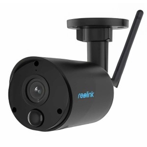 Schwarze Reolink Argus B320 Akku-Überwachungskamera mit Antenne und Halterung.