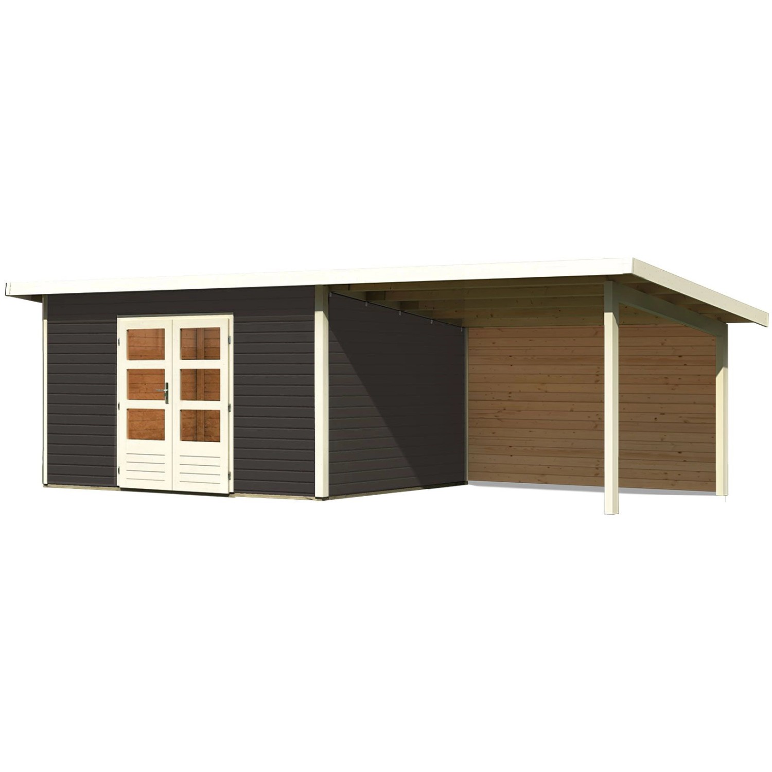 Karibu Holz-Gartenhaus Karlskoga 4 in Terragrau mit Pultdach und Anbau.