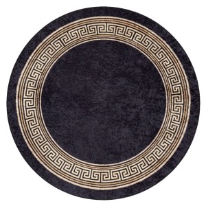 Runder RugsX Miro Teppich in Schwarz mit goldenem Mäandermuster, 200 cm Durchmesser. Waschbar.