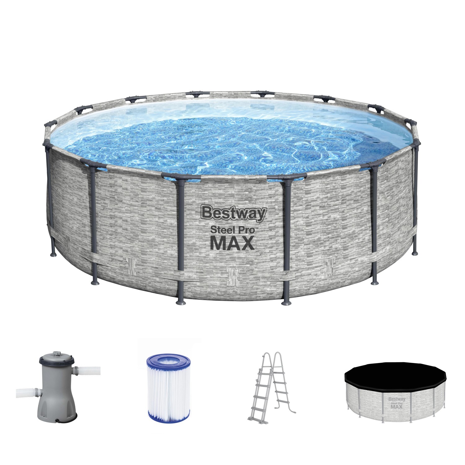 Bestway Stahlrahmen Pool Set Steel Pro Max, Ø 427 cm, mit Leiter, Filter und Abdeckplane.