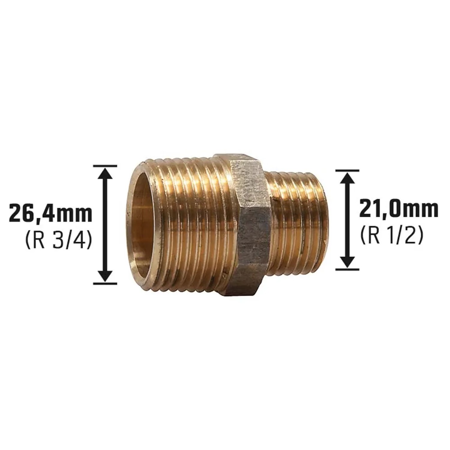 Gewinde-Reduziernippel aus Rotguss, 21 mm (R 1/2) x 26,4 mm (R 3/4) für Gewindefittings.