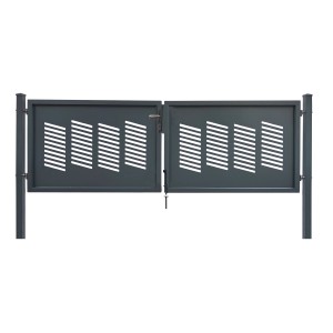 Anthrazitfarbenes Dekor-Doppeltor Stockholm 300x100 cm zum Einbetonieren. Gartentor mit horizontalem Design.