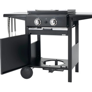 Schwarzer tepro Gasgrill Bloomfield mit zwei Brennern, Seitenablagen und Unterschrank.