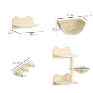 PawHut Katzen Kletterwand Set, beige, mit Kratzbaum, Hängematte, Treppe und Liegeschale, Maße eingezeichnet.
