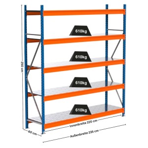 PROREGAL Industrie Weitspannregal Lagerregal MAXIMUS PRO Grundregal HxBxT 250x225x60cm 5 Stahlplatten-Fachboden Fachlast 610kg Blau/Orange