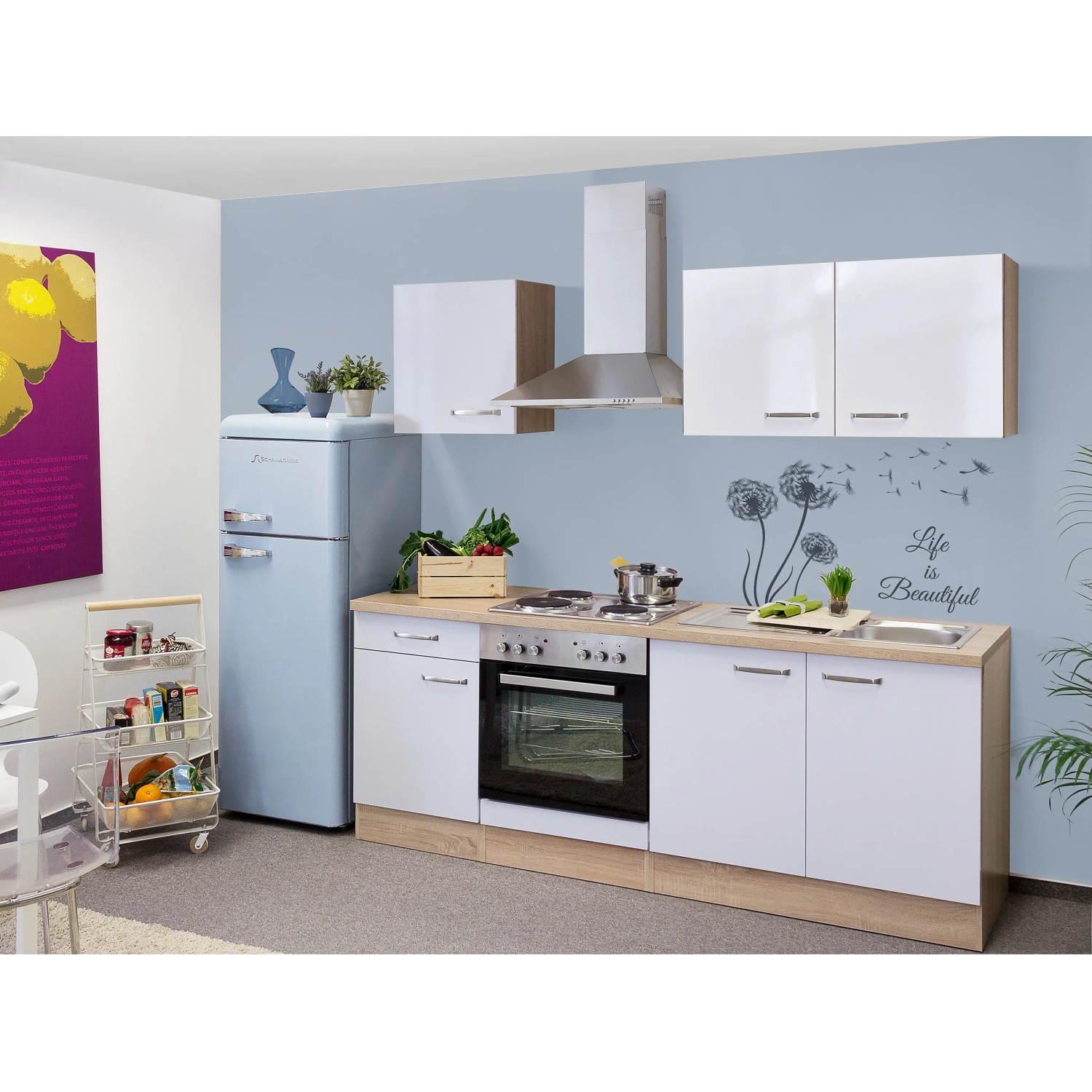 Flex-Well Exclusiv Küchenzeile Valero 210 cm Hochglanz Weiß-Sonoma Eiche