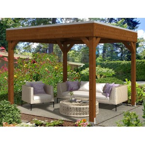 Holz-Pavillon Toulouse, nussbaum lasiert, 294x294 cm. Gartenlaube mit Sitzgruppe im Grünen.