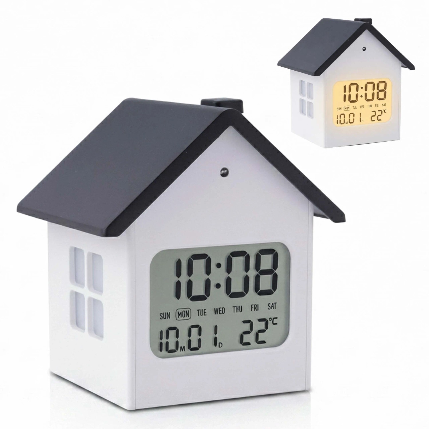 Relaxdays Digitalwecker Kunststoff Hausform mit Schlummerfunktion Automatische Hintergrundbeleuchtung USB-Betrieb