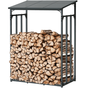 Anthrazit Kaminholzregal aus Metall für Außen, Größe L, inklusive Ofenhandschuh. Holzscheite sind gestapelt.