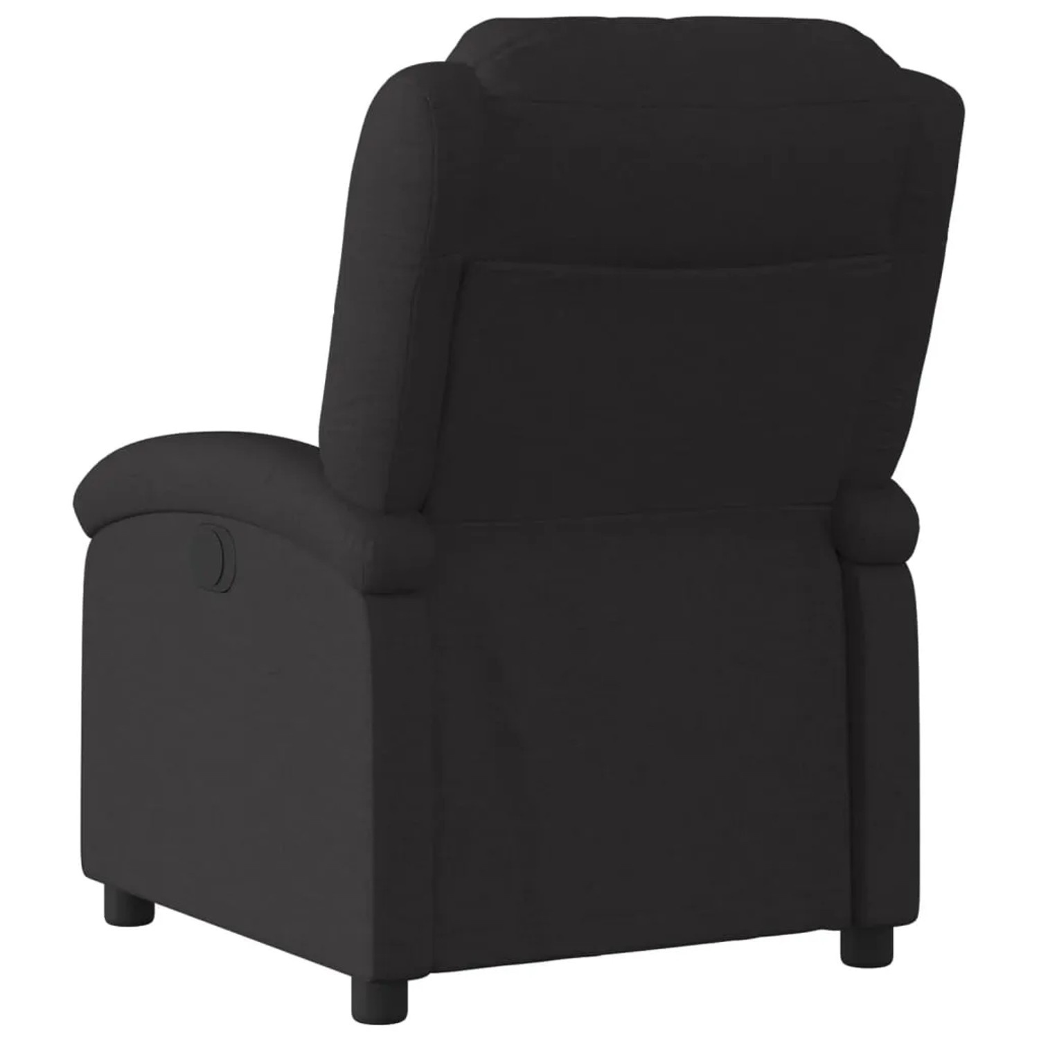 Schwarzer Relaxsessel aus Stoff, Rückenansicht. Bequemer TV-Sessel mit manueller Liegefunktion.