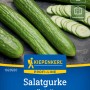 Kiepenkerl Salatgurke Maxime F1-Hybride: dunkelgrüne, glatte Gurken und Gurkenscheiben auf dunklem Grund.
