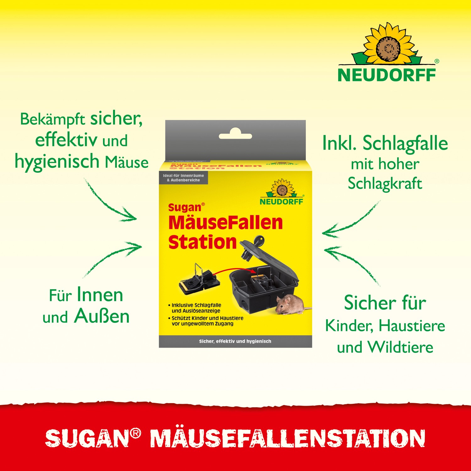 Neudorff Mäusefallen-Station Sugan, schwarze Köderbox mit Schlagfalle für Innen und Außen.