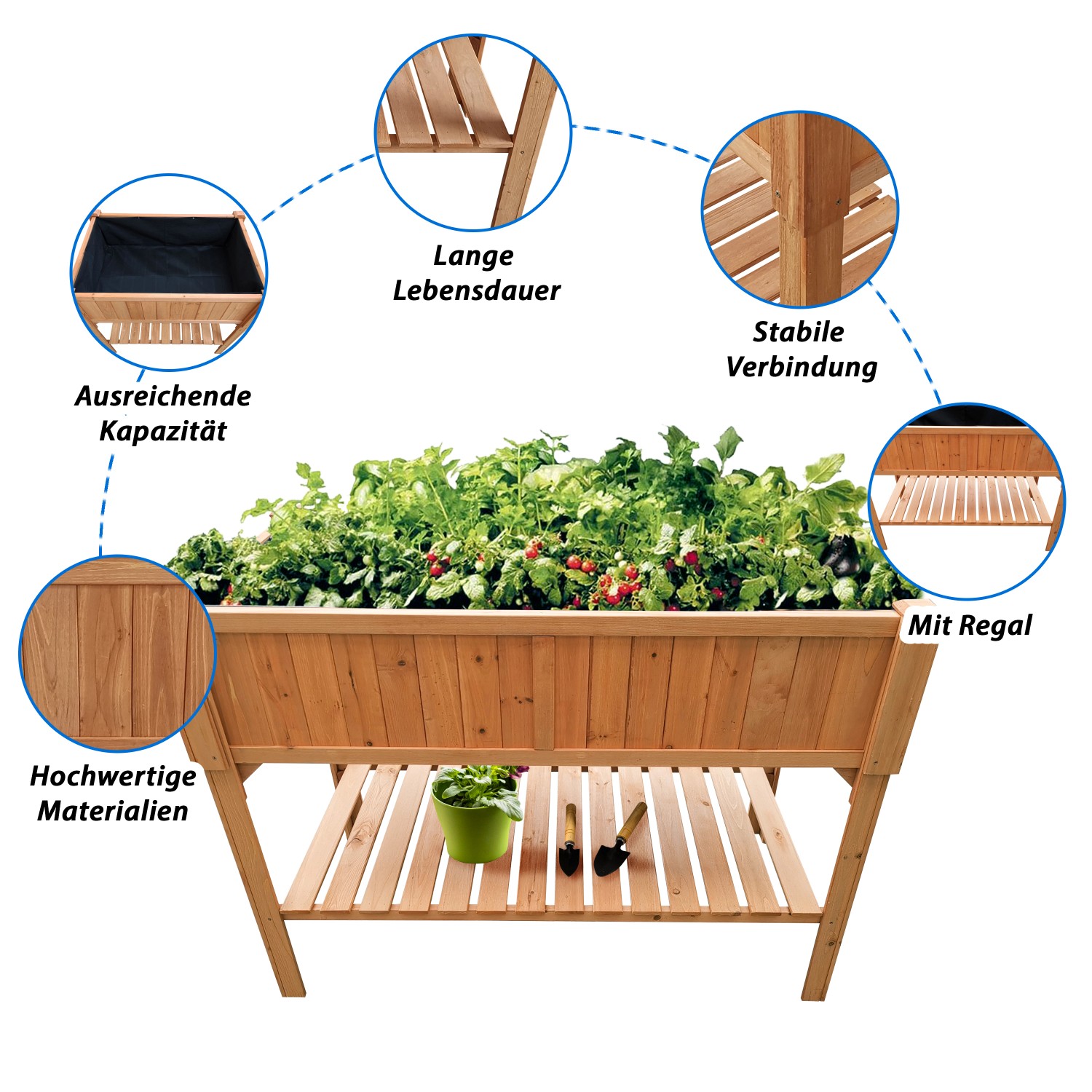 Coemo Kräuterbeet aus Holz mit Pflanzfolie, 120x60x90 cm, mit Kräutern und Ablage.