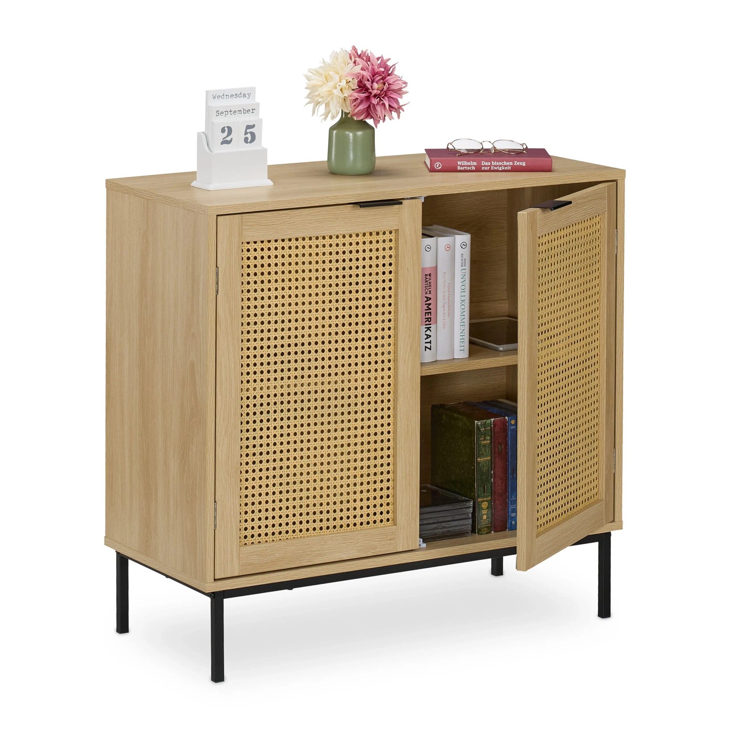 Relaxdays Sideboard Holzwerkstoff Natur Schwarz mit 2 Rattantüren 76 cm x 80 cm x 35 cm