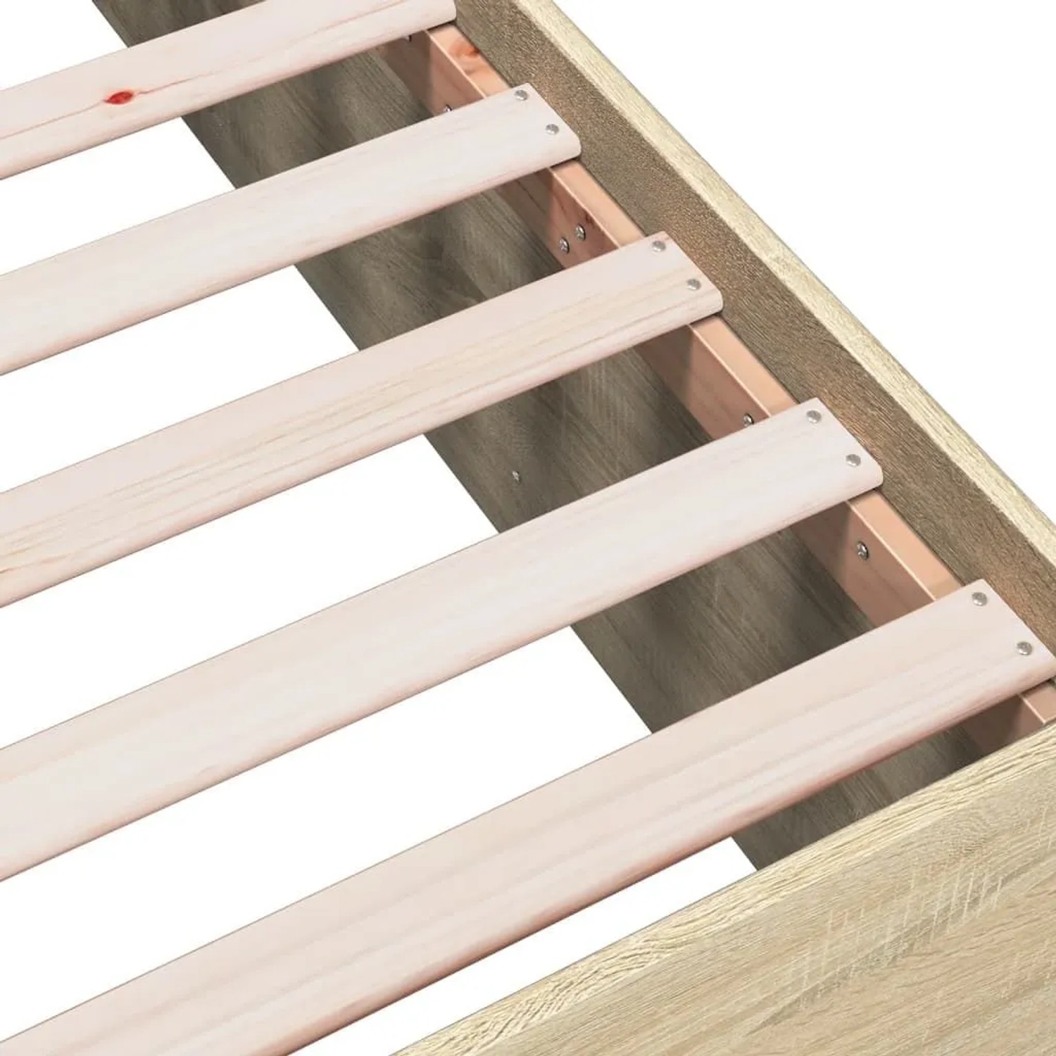 Detailansicht des vidaXL Bettgestells in Sonoma-Eiche mit hellen Sperrholz-Latten. Stabile Holzwerkstoff-Konstruktion für Betten.
