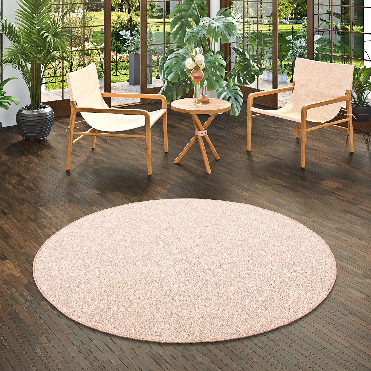 Runder, sandfarbener Snapstyle Feinschlingen Velour Teppich Strong, 100cm Durchmesser.