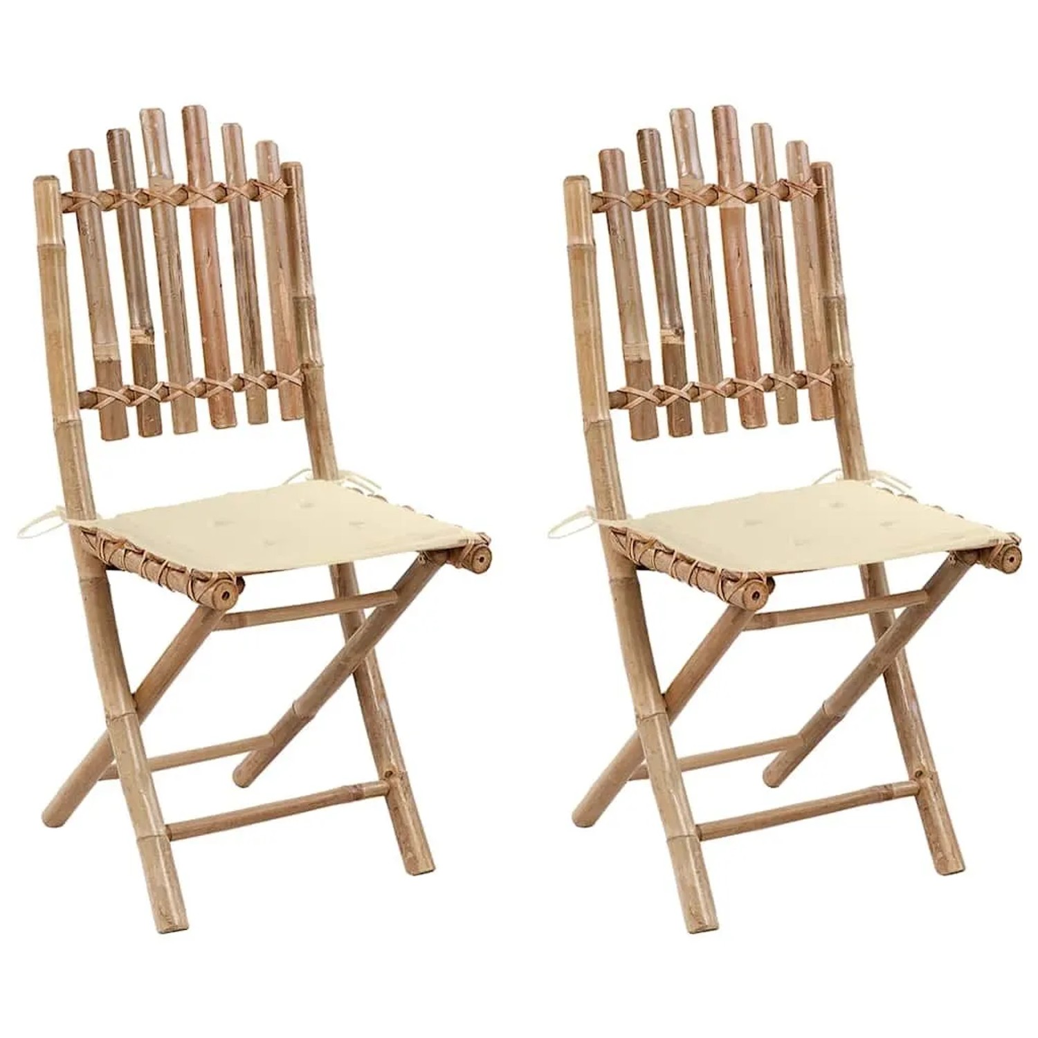 Furnicato Klappbare Gartenstühle 2 Stk Bambus 50x42x92 Cm Mit Cremeweißen Kissen 40x40x3 Cm