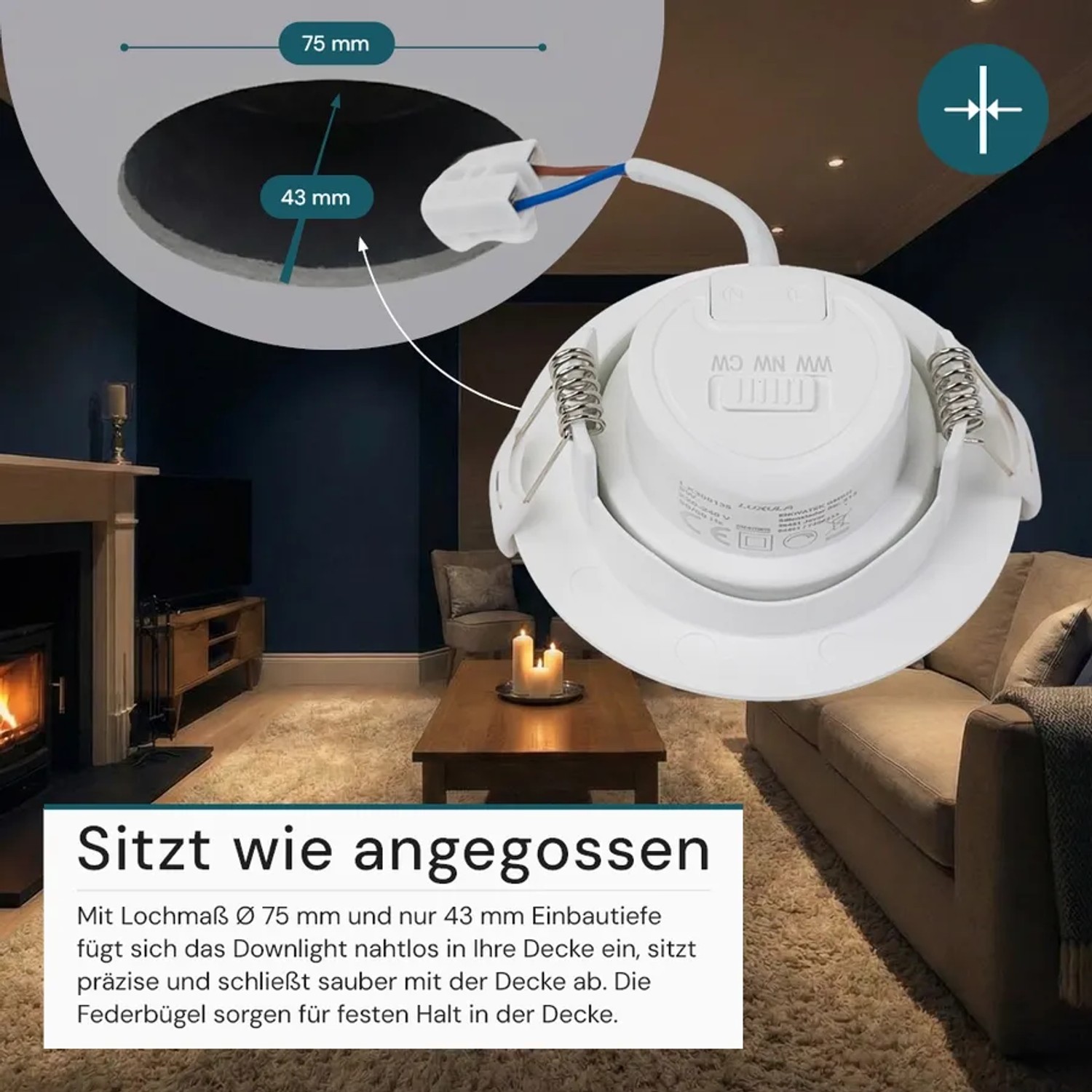 LUXULA LED Einbauspot Set, 7W, dimmbar, Farbwahl, Ø 75mm, weiße Downlights für flexible Beleuchtung.
