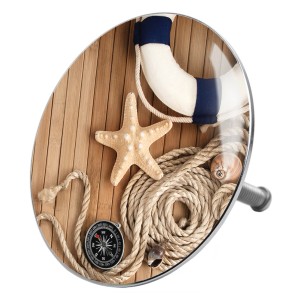 Sanilo Badewannenstöpsel Maritime mit Seestern, Rettungsring, Kompass und Tau auf Holz.