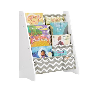 SoBuy Kinder-Bücherregal mit 4 Hängefächern in Grau/Weiß, gefüllt mit Kinderbüchern.